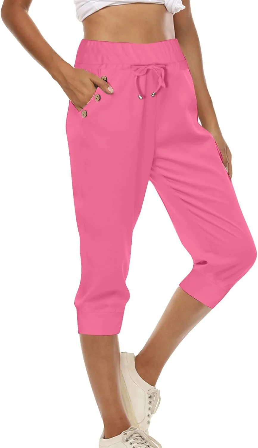Plus Size Capri Pants for Women Summer High Waisted Capris Pant Cropped Trouser Pants Stretchy Joggers Pant with Pocket