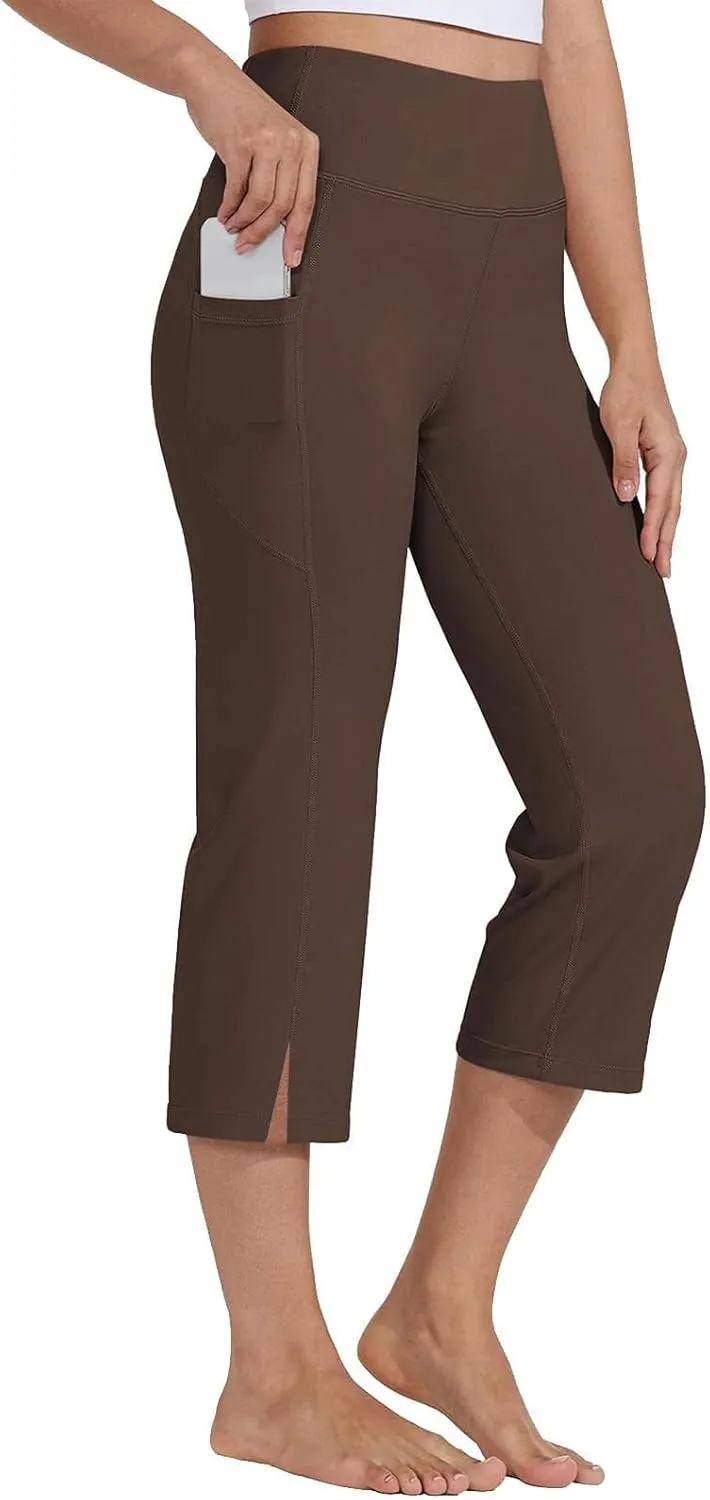 Plus Size Capri Yoga Pants for Women Dressy Casual Soft High Waisted Tummy Control Wide Leg Slipt Sdie Workout with Pockets