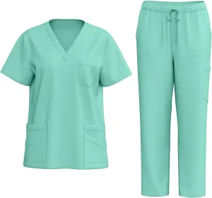 Scrub Suit Set for Women Nursing Uniforms Set V-Neck Scrub Tops with Pockets & Cargo Pant Top & Tapered Leg Jogger Pants