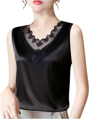 Silk Satin Tank Tops for Women Lace Floral V Neck Casual Sleeveless Blouses Summer Work Basic Tank Shirt