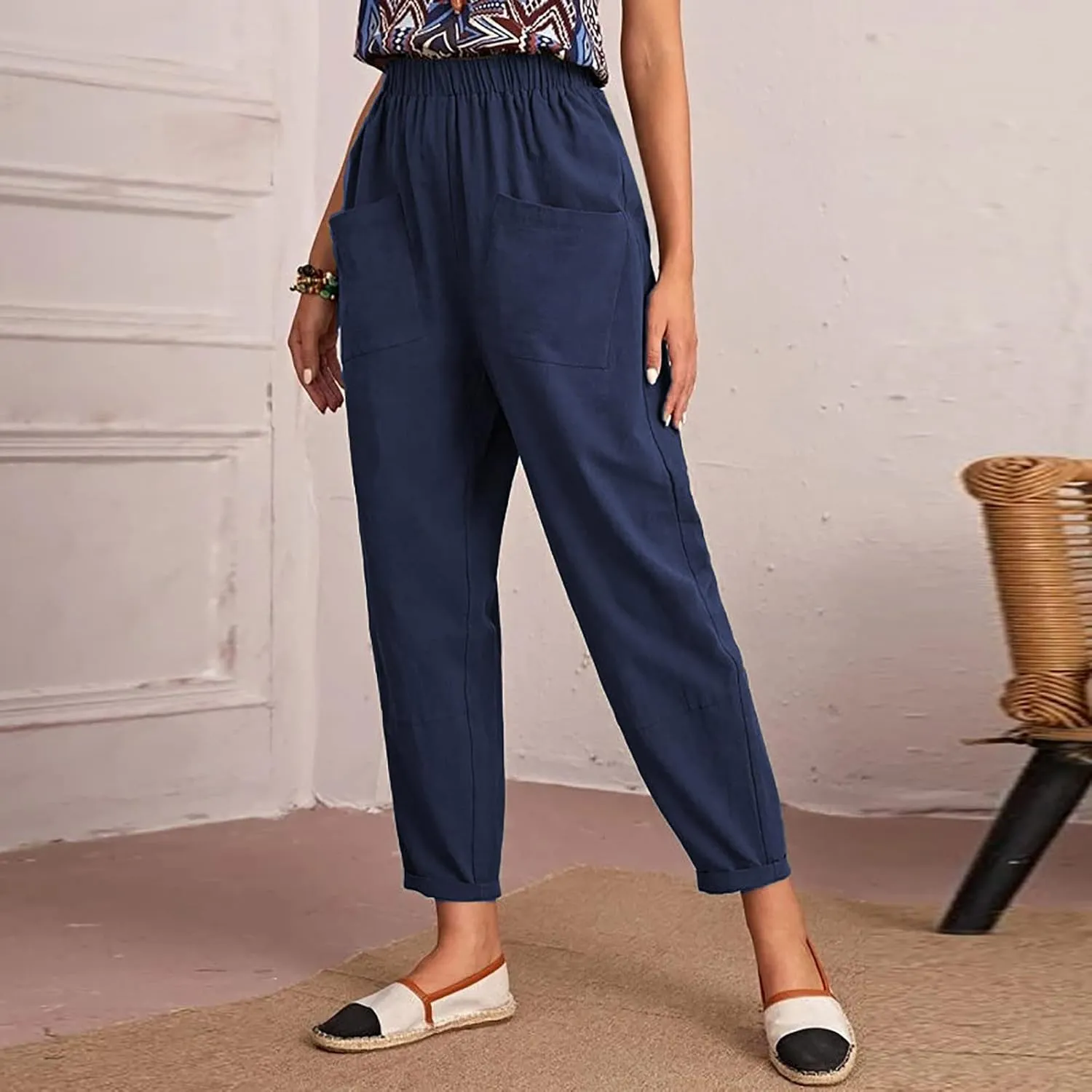 SMIDOW Womens Cotton Linen High Waist Pants Plus Size Casual Elastic Straight Leg Cropped Pant Trousers with Pockets
