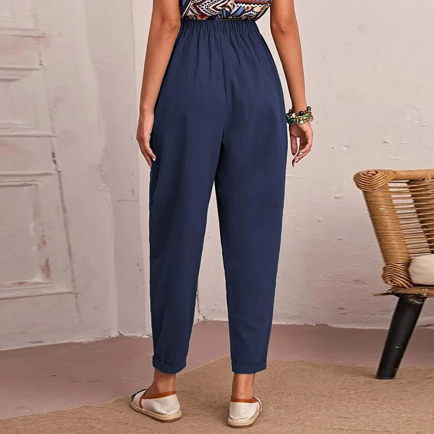 SMIDOW Womens Cotton Linen High Waist Pants Plus Size Casual Elastic Straight Leg Cropped Pant Trousers with Pockets