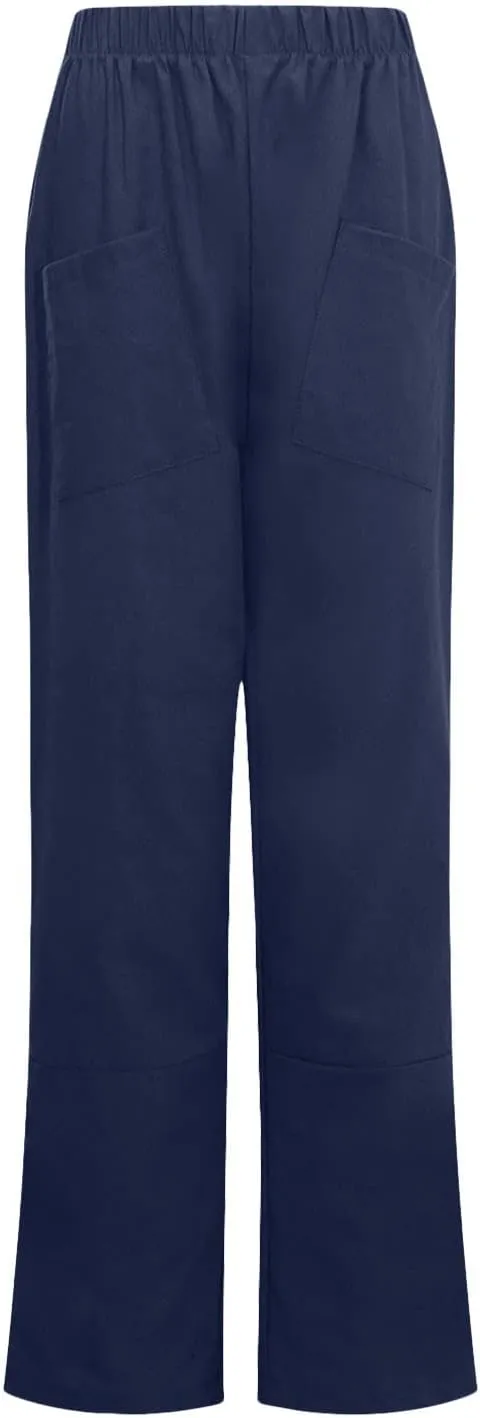 SMIDOW Womens Cotton Linen High Waist Pants Plus Size Casual Elastic Straight Leg Cropped Pant Trousers with Pockets