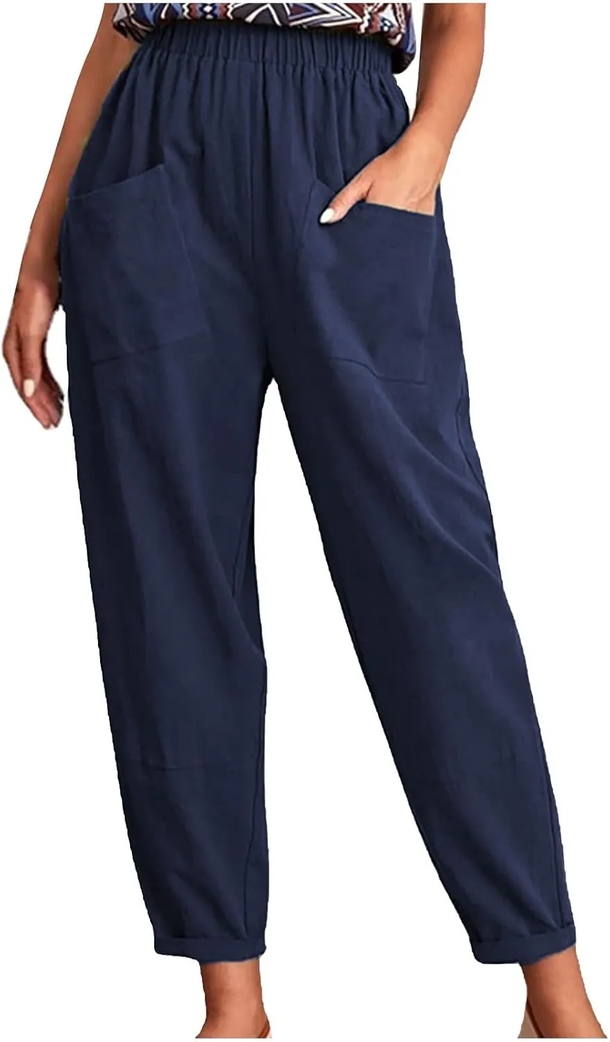 SMIDOW Womens Cotton Linen High Waist Pants Plus Size Casual Elastic Straight Leg Cropped Pant Trousers with Pockets