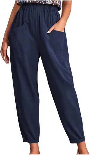SMIDOW Womens Cotton Linen High Waist Pants Plus Size Casual Elastic Straight Leg Cropped Pant Trousers with Pockets