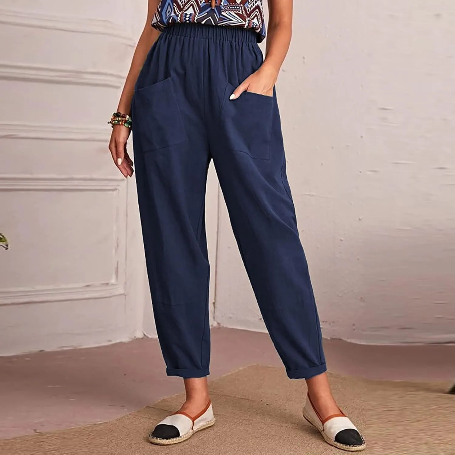 SMIDOW Womens Cotton Linen High Waist Pants Plus Size Casual Elastic Straight Leg Cropped Pant Trousers with Pockets