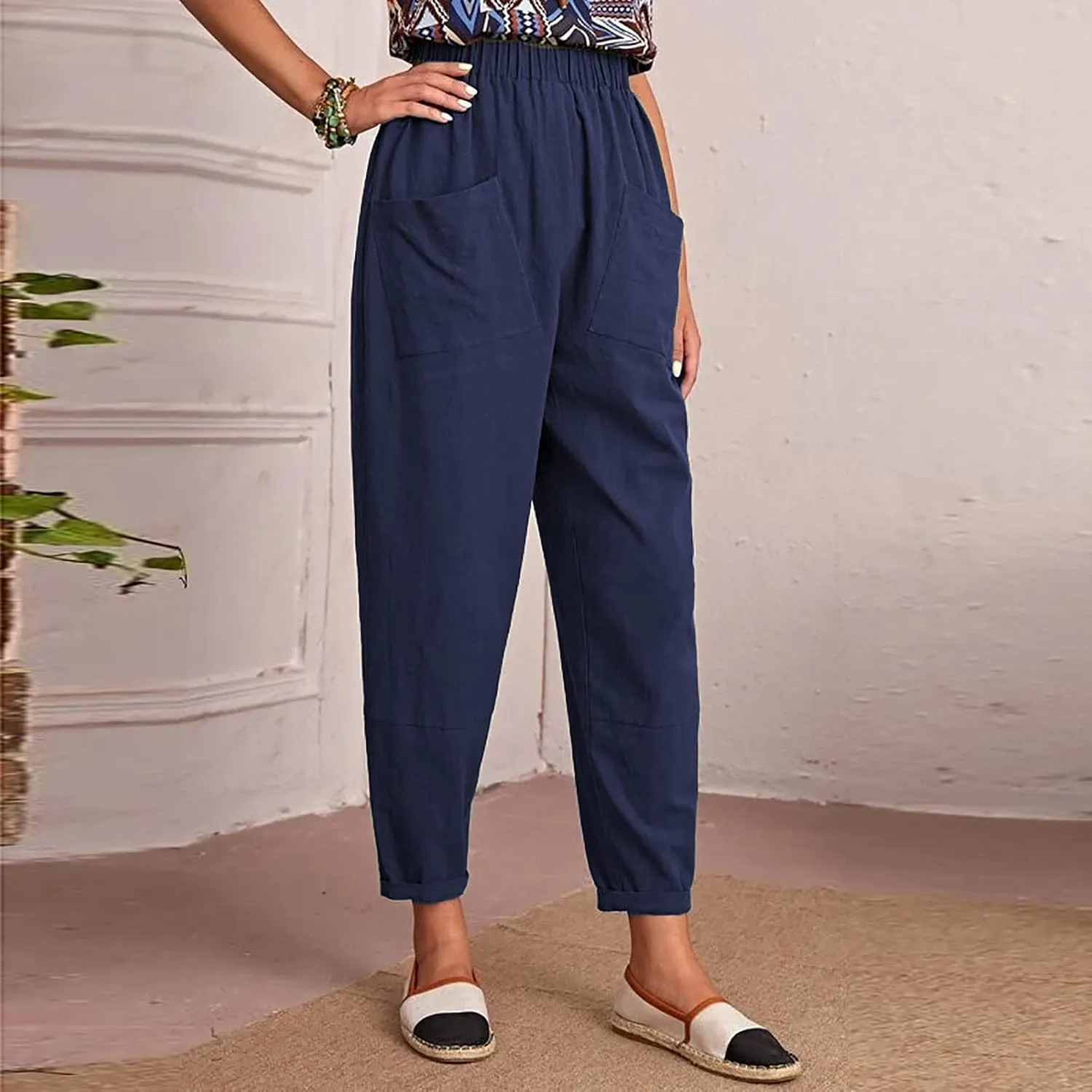 SMIDOW Womens Cotton Linen High Waist Pants Plus Size Casual Elastic Straight Leg Cropped Pant Trousers with Pockets