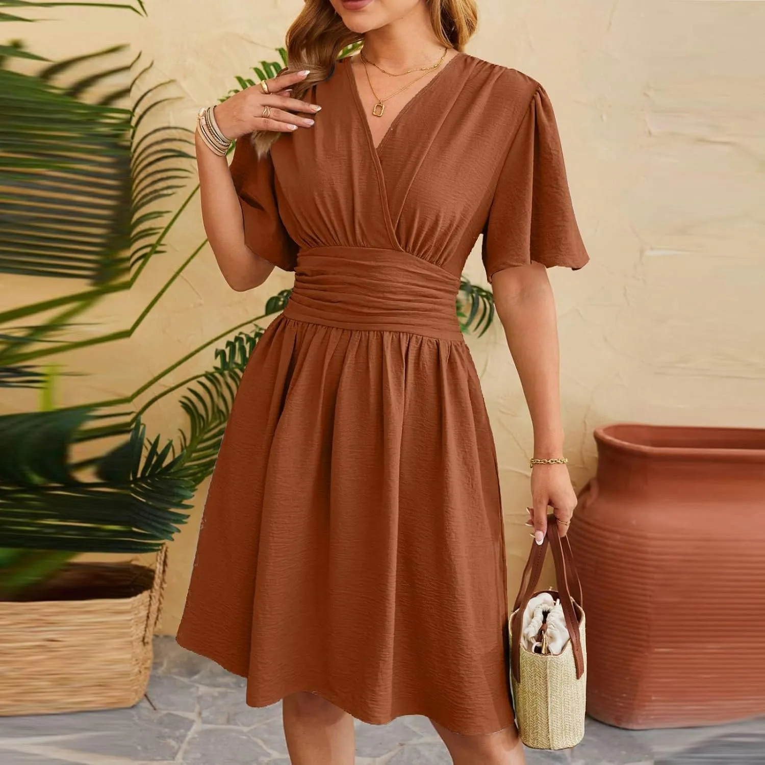 Summer Dresses for Women 2025 Sexy Date Night Cinched Waist Garden Party Concert Mini Brunch Trendy Short Sleeve Dress