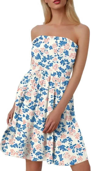 Summer Dresses for Women 2025 Sexy Floral Smocked Tube Top Mini Dress Classy Empire Waist Sleeveless Ruffle Sundress