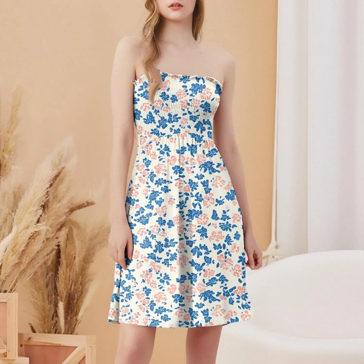 Summer Dresses for Women 2025 Sexy Floral Smocked Tube Top Mini Dress Classy Empire Waist Sleeveless Ruffle Sundress