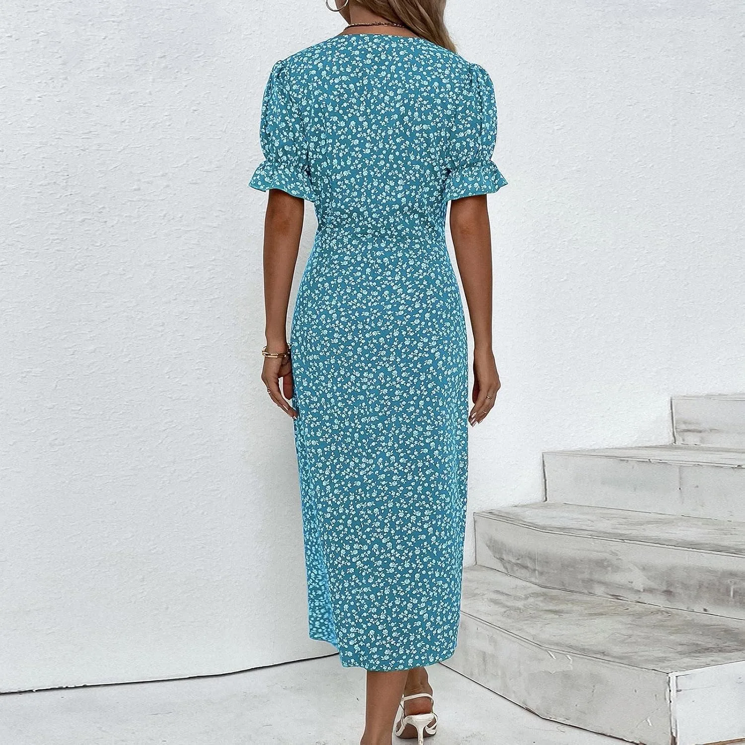 Summer Dresses for Women 2025 Trendy Boho Dress Elegant Beach V Neck Short Sleeve Irregular Hem Midi Sundresses