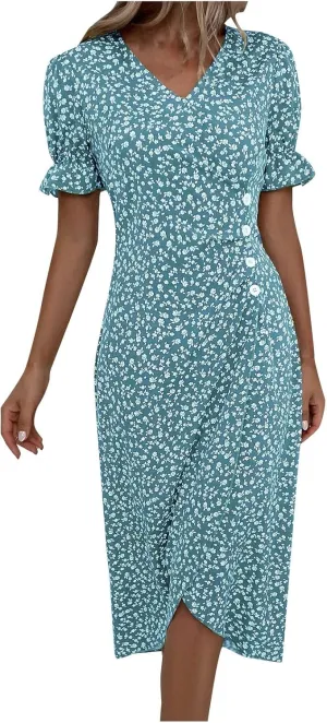 Summer Dresses for Women 2025 Trendy Boho Dress Elegant Beach V Neck Short Sleeve Irregular Hem Midi Sundresses