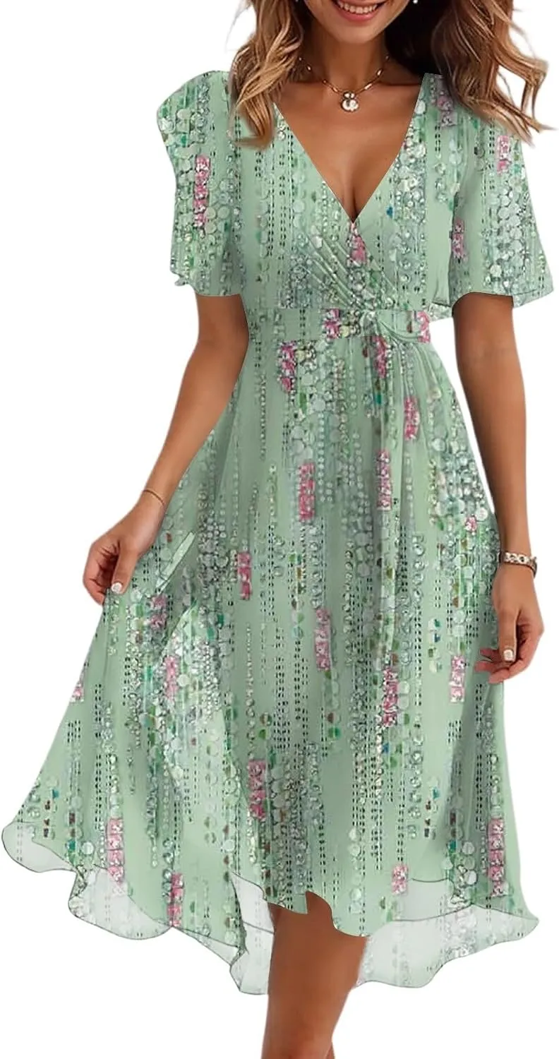 Summer Dresses for Women 2025 Trendy Floral Ruffle Sleeve Midi Dress Elegant V Neck Wrap Tie Waist Overlay Mesh Sundresses