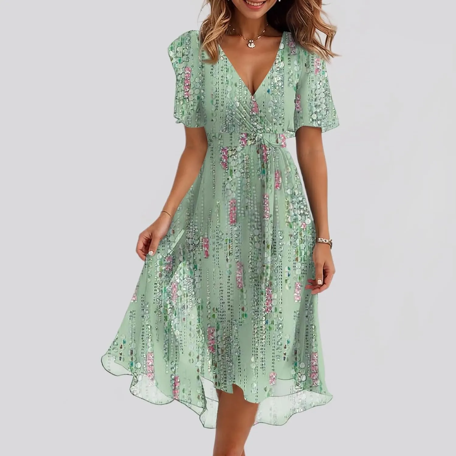 Summer Dresses for Women 2025 Trendy Floral Ruffle Sleeve Midi Dress Elegant V Neck Wrap Tie Waist Overlay Mesh Sundresses