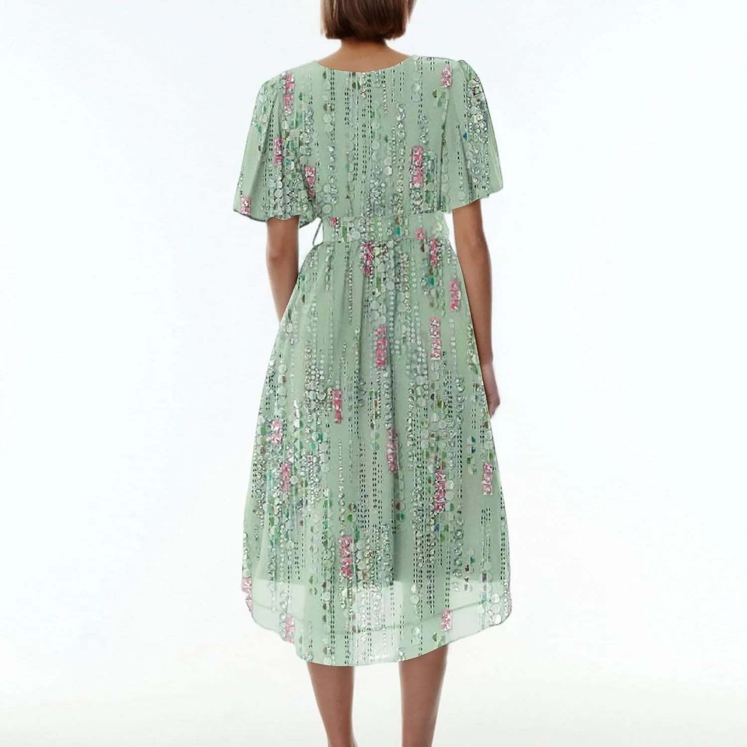 Summer Dresses for Women 2025 Trendy Floral Ruffle Sleeve Midi Dress Elegant V Neck Wrap Tie Waist Overlay Mesh Sundresses