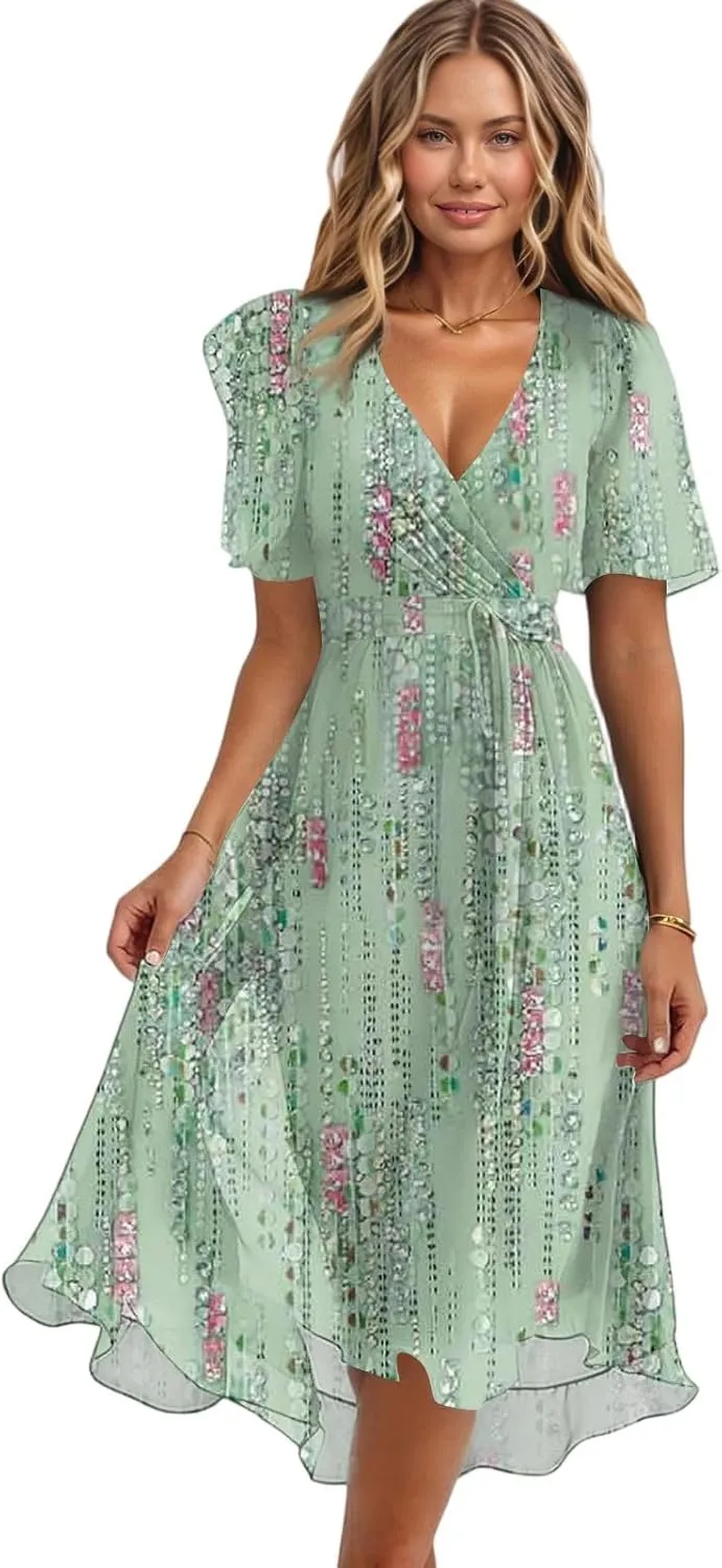 Summer Dresses for Women 2025 Trendy Floral Ruffle Sleeve Midi Dress Elegant V Neck Wrap Tie Waist Overlay Mesh Sundresses