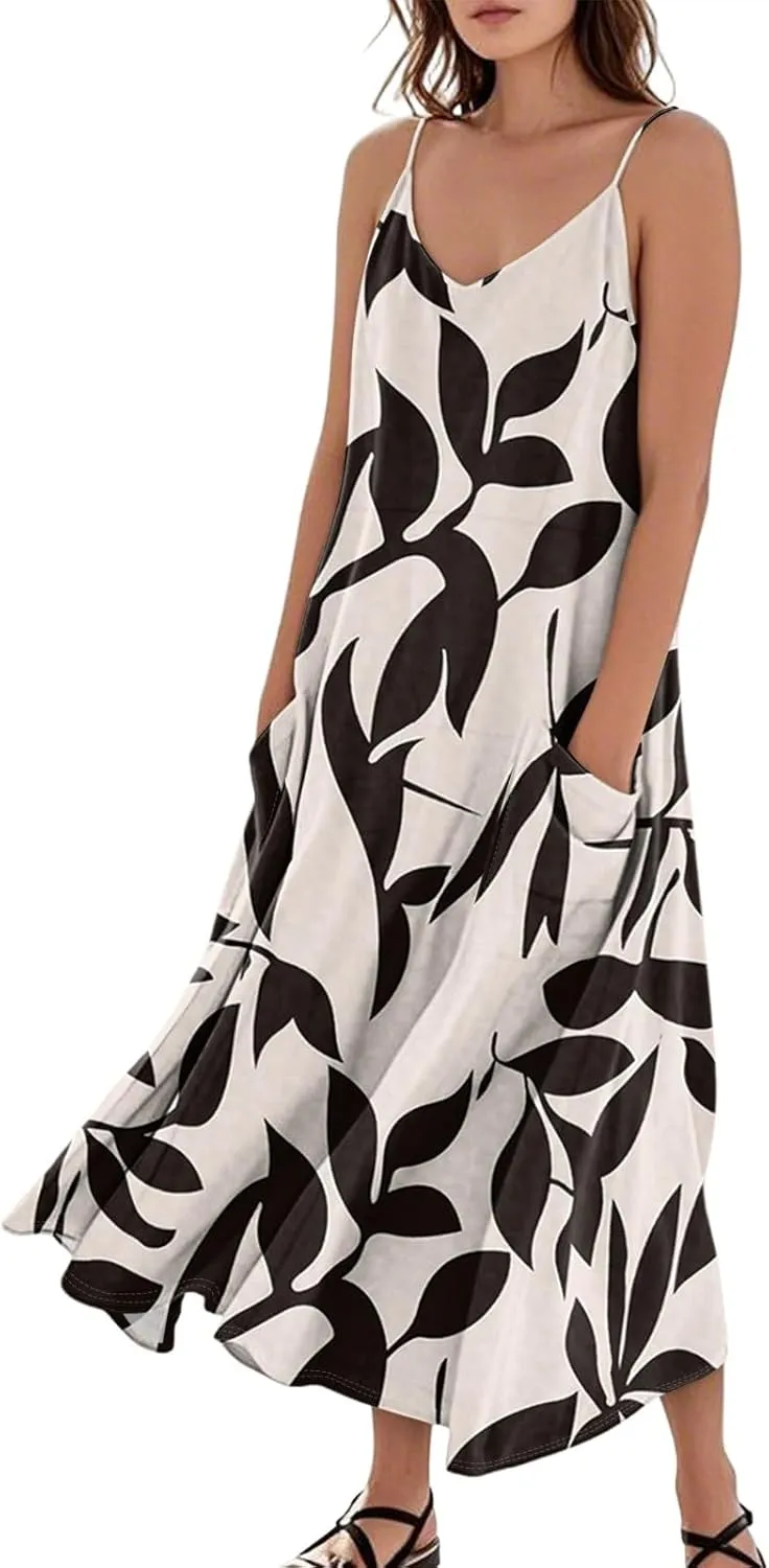 Summer Dresses for Women 2025 Trendy Floral Spaghetti Strap Maxi Sundresses Tropical Paisley Sleeveless Dress with Pockets