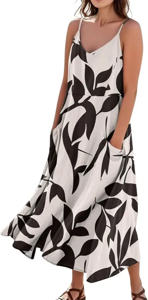 Summer Dresses for Women 2025 Trendy Floral Spaghetti Strap Maxi Sundresses Tropical Paisley Sleeveless Dress with Pockets