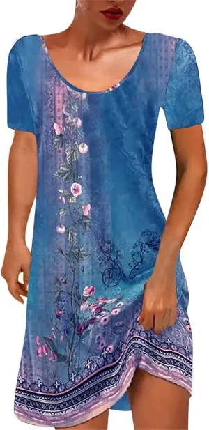 Summer Dresses for Women Boho Floral Print T-Shirts Dress Short Sleeve Sundresses Vintage Loose Tank Dresses Summer Dresses for Women Boho Floral Print T-Shirts Dress Short Sleeve Sundresses Vintage Loose Tank Dresses