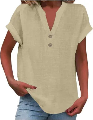Summer Tops for Women 2025 Trendy Short Sleeve Cotton Linen Shirt Casual Button v Neck Tunic Blouses Outfits