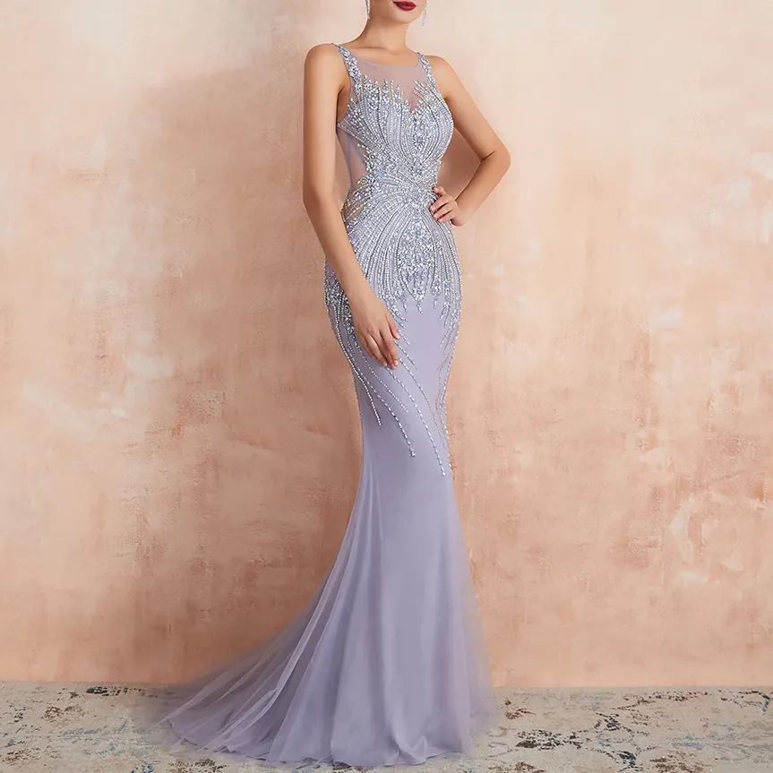 Vestido de Festa Longo Sereia com Detalhes em Tule Lilás (Pronta Entrega)