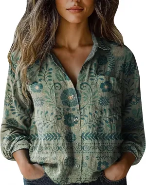 Vintage Boho Tops for Women Floral Print Shirt Casual Long Sleeve Button Down Blouses Dressy T-Shirts with Pocket