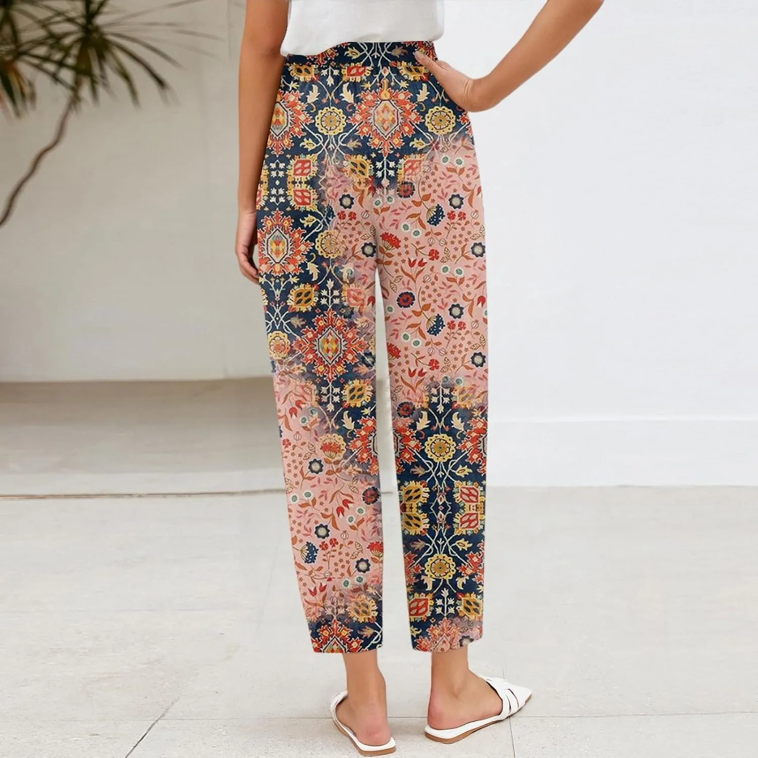 Wide Leg Linen Pants for Women Cropped Summer Palazzo Pant Casual Ankle Length Trousers Beach Vacation Outfits