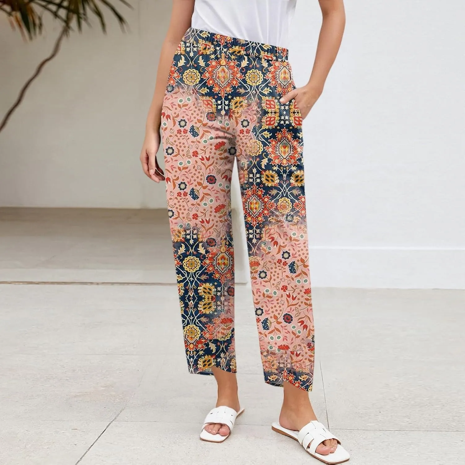 Wide Leg Linen Pants for Women Cropped Summer Palazzo Pant Casual Ankle Length Trousers Beach Vacation Outfits