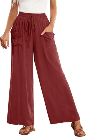 Wide Leg Pants for Women Lightweight Loose Summer Beach Pant Solid Color Casual Drawstring Elastic Waisted Trousers