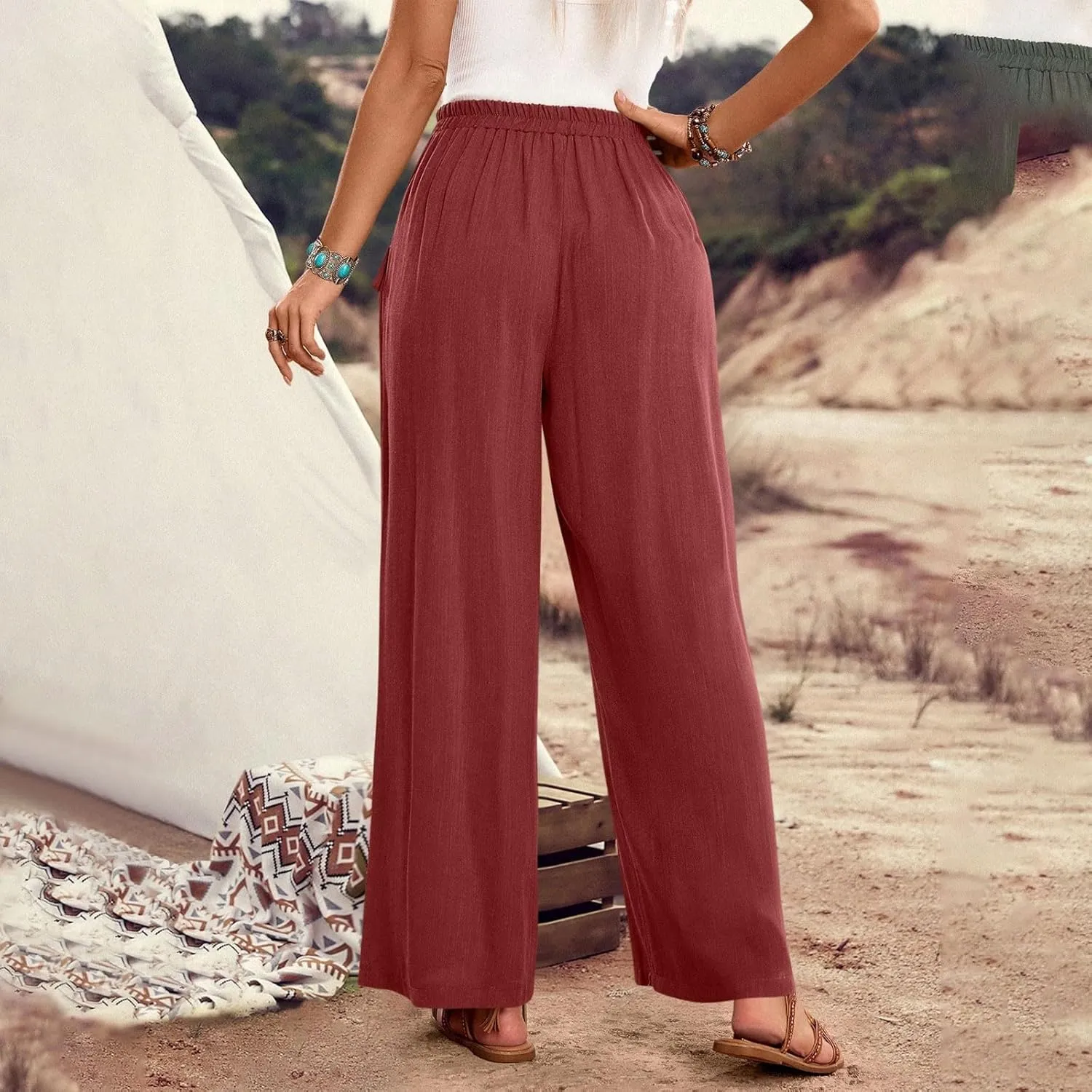 Wide Leg Pants for Women Lightweight Loose Summer Beach Pant Solid Color Casual Drawstring Elastic Waisted Trousers
