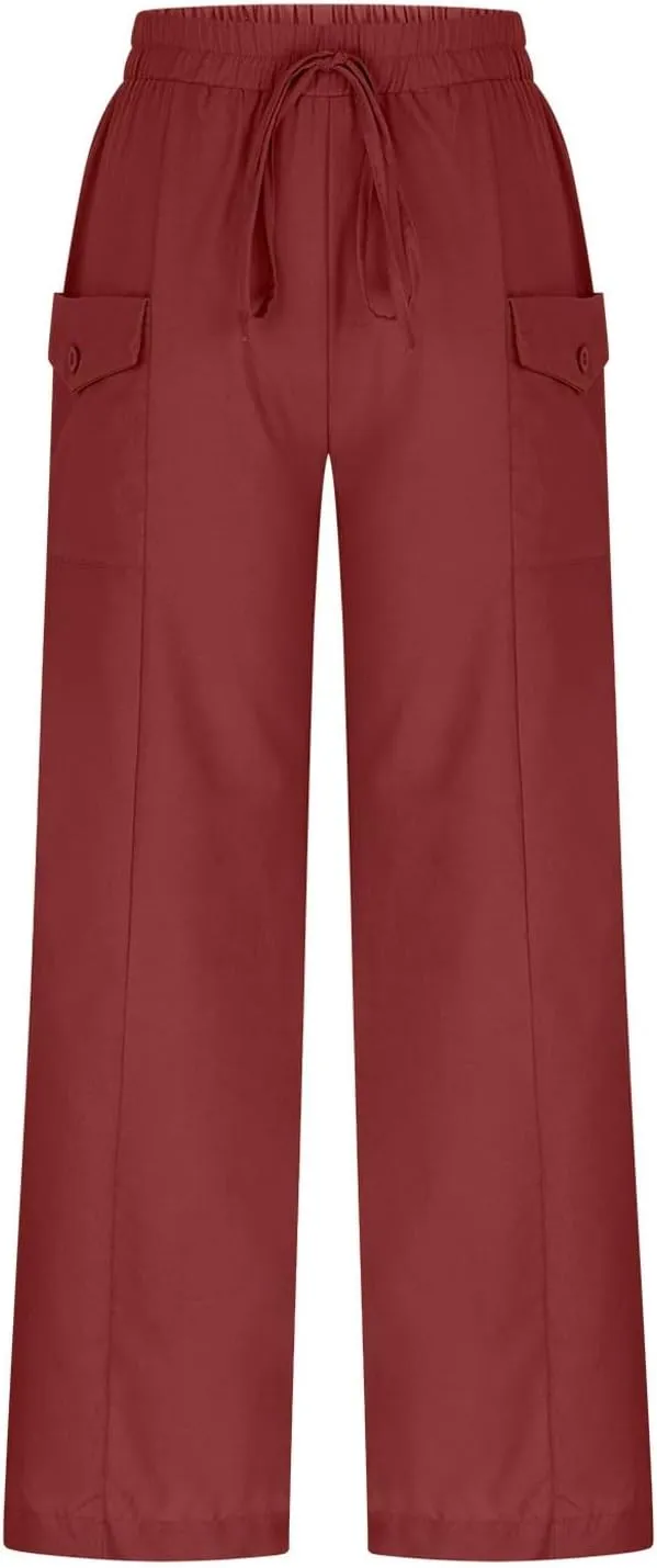 Wide Leg Pants for Women Lightweight Loose Summer Beach Pant Solid Color Casual Drawstring Elastic Waisted Trousers