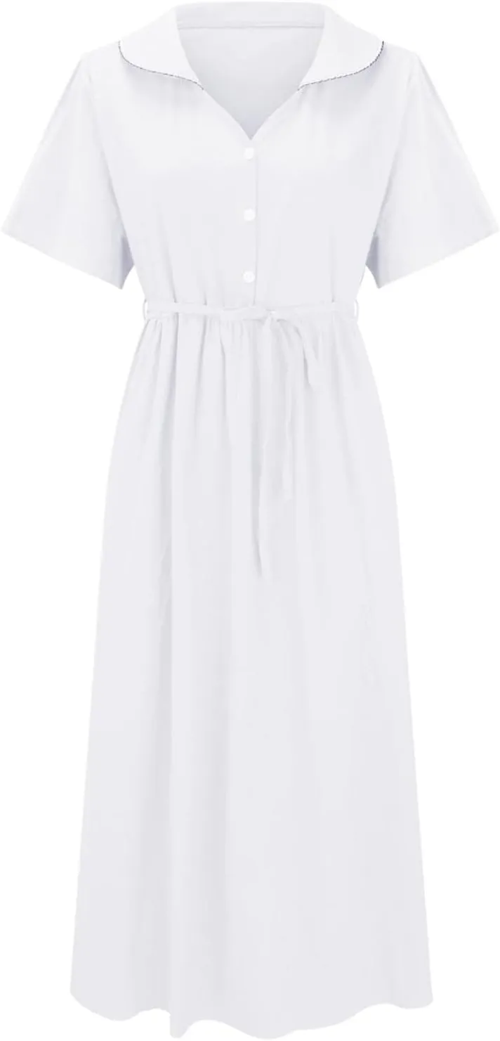 Women Korean Style Dresses Lace-Up Waist-Defined Henley Shirt Midi Dress Summer Half Sleeve Trendy A-Line Dress