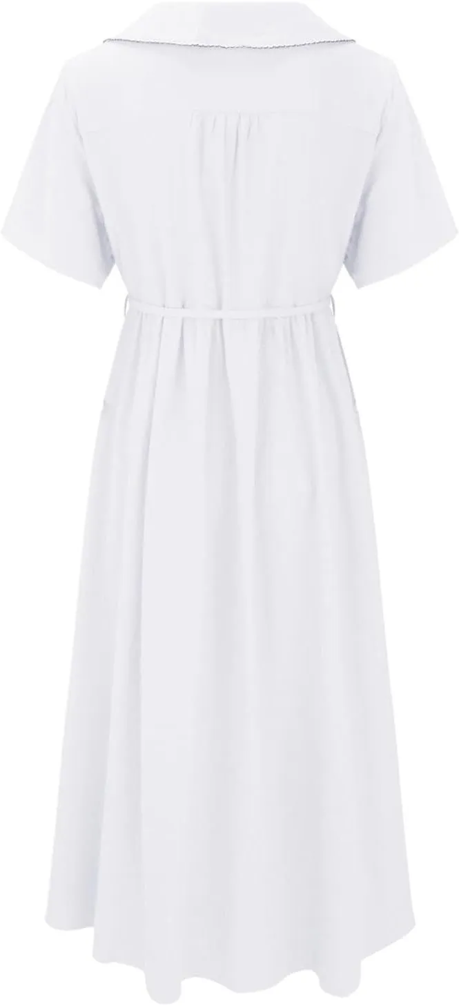 Women Korean Style Dresses Lace-Up Waist-Defined Henley Shirt Midi Dress Summer Half Sleeve Trendy A-Line Dress