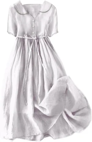 Women Korean Style Dresses Lace-Up Waist-Defined Henley Shirt Midi Dress Summer Half Sleeve Trendy A-Line Dress