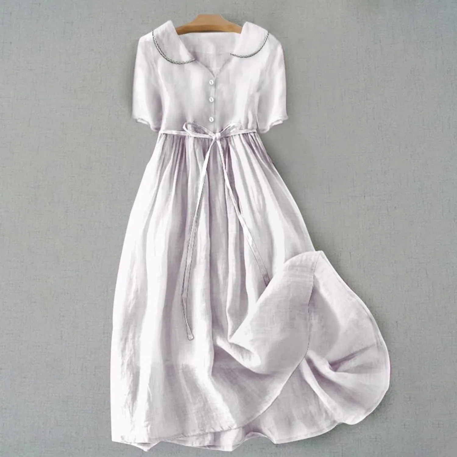 Women Korean Style Dresses Lace-Up Waist-Defined Henley Shirt Midi Dress Summer Half Sleeve Trendy A-Line Dress