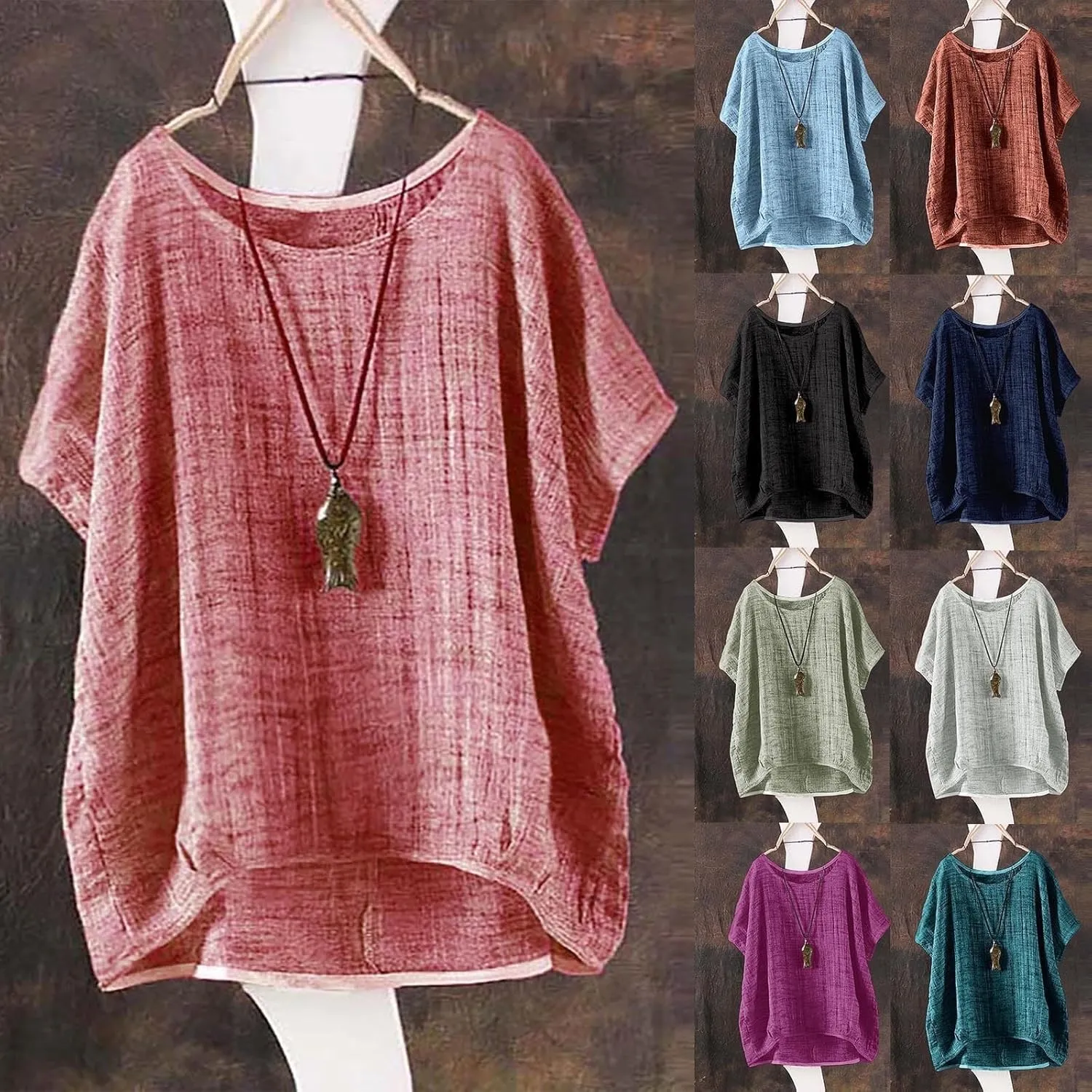Women Linen Tops Solid Color Floral Print 3/4 Sleeve T-Shirt for Ladies,Summer Travel Beach Blouse Trendy