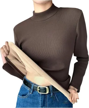 Women Mock TurtleNeck Long Sleeve Shirts Fleece Lined Thermal Baselayer Underwear Tops Slim Fit Solid Tees Shirt