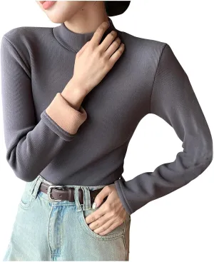 Women Mock TurtleNeck Long Sleeve Shirts Fleece Lined Thermal Baselayer Underwear Tops Slim Fit Solid Tees Shirt