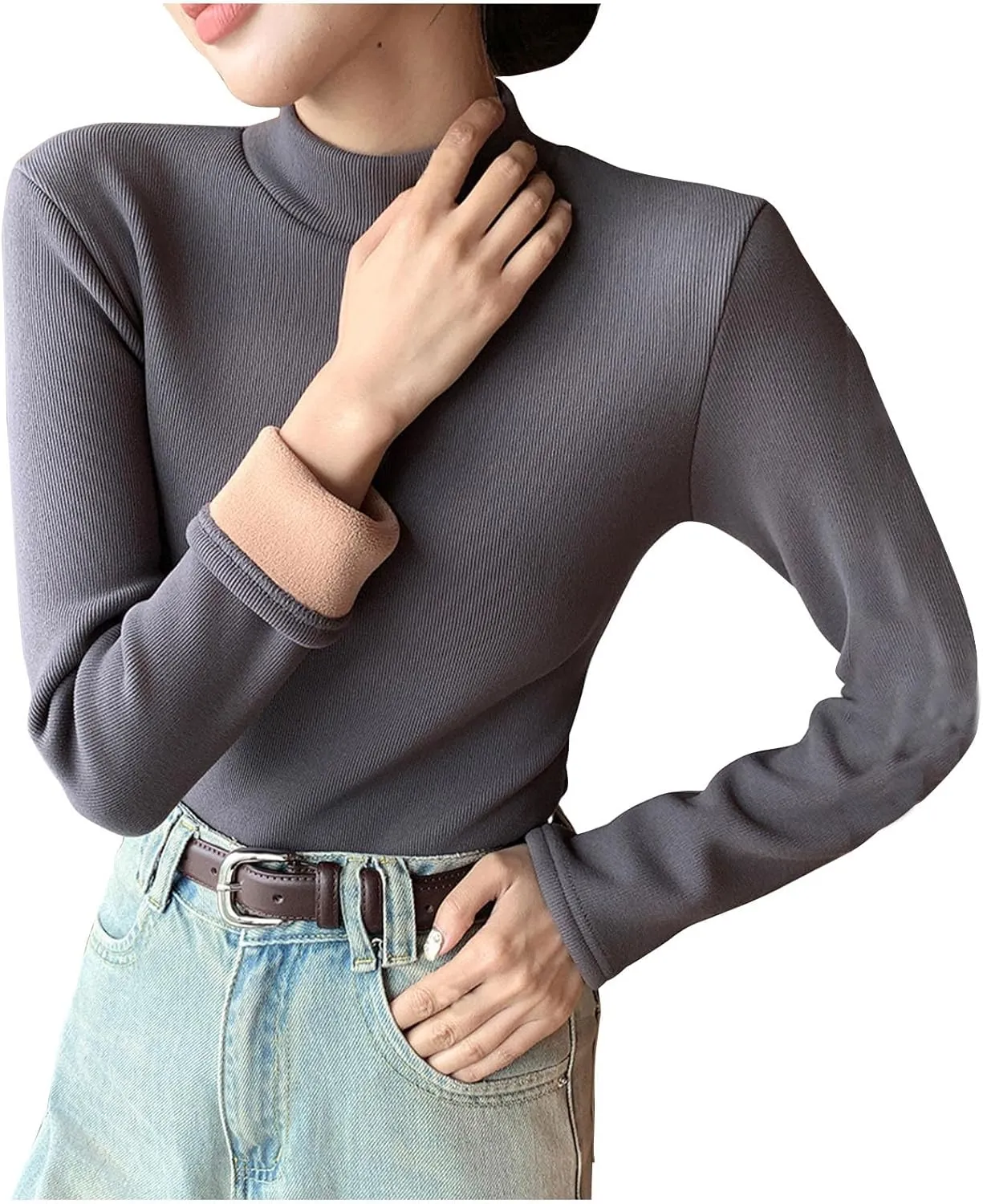 Women Mock TurtleNeck Long Sleeve Shirts Fleece Lined Thermal Baselayer Underwear Tops Slim Fit Solid Tees Shirt