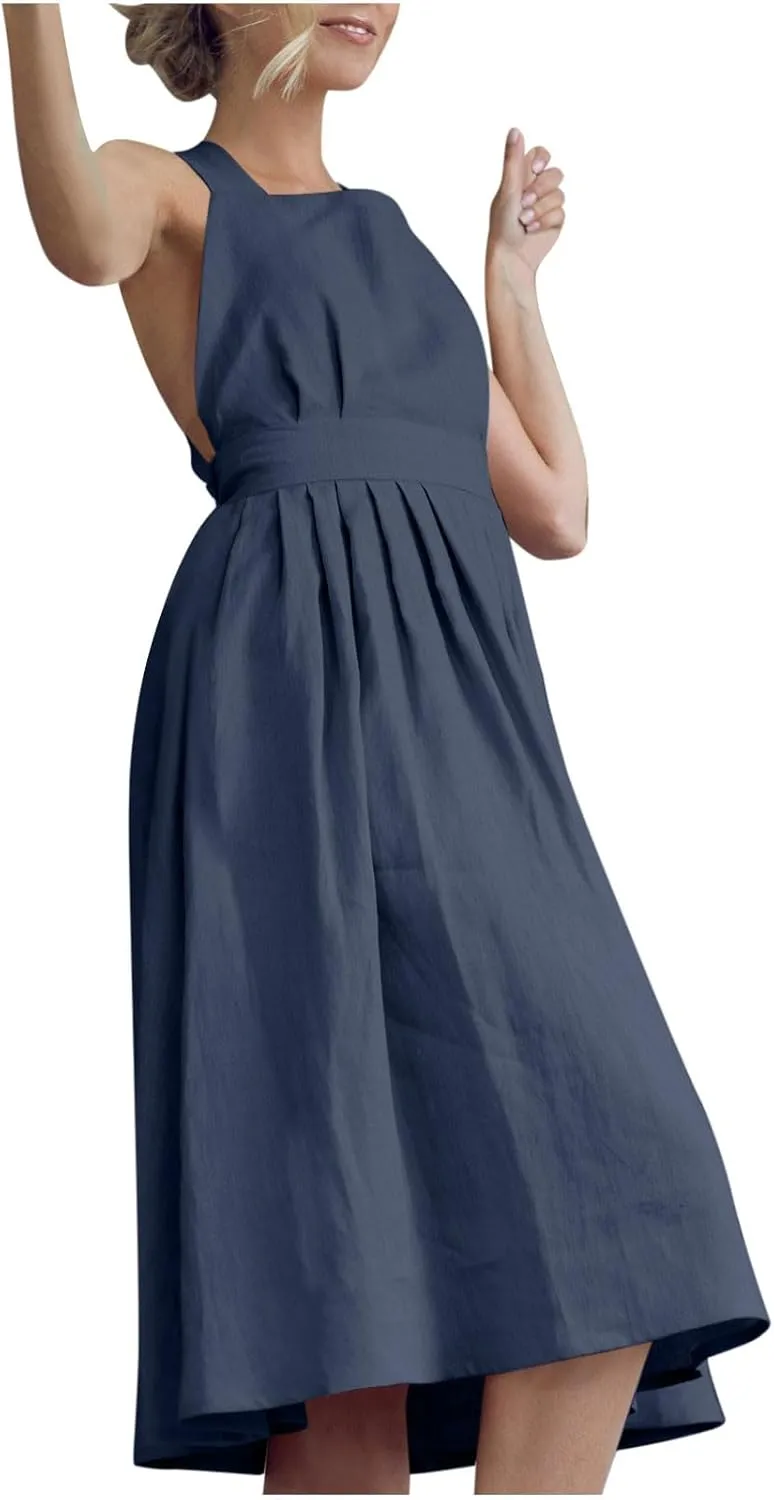 Women Sleeveless Midi Dress Square Neck Pleated Cinched Waist Solid Color Crisscross Backless Dress Wear to Dance