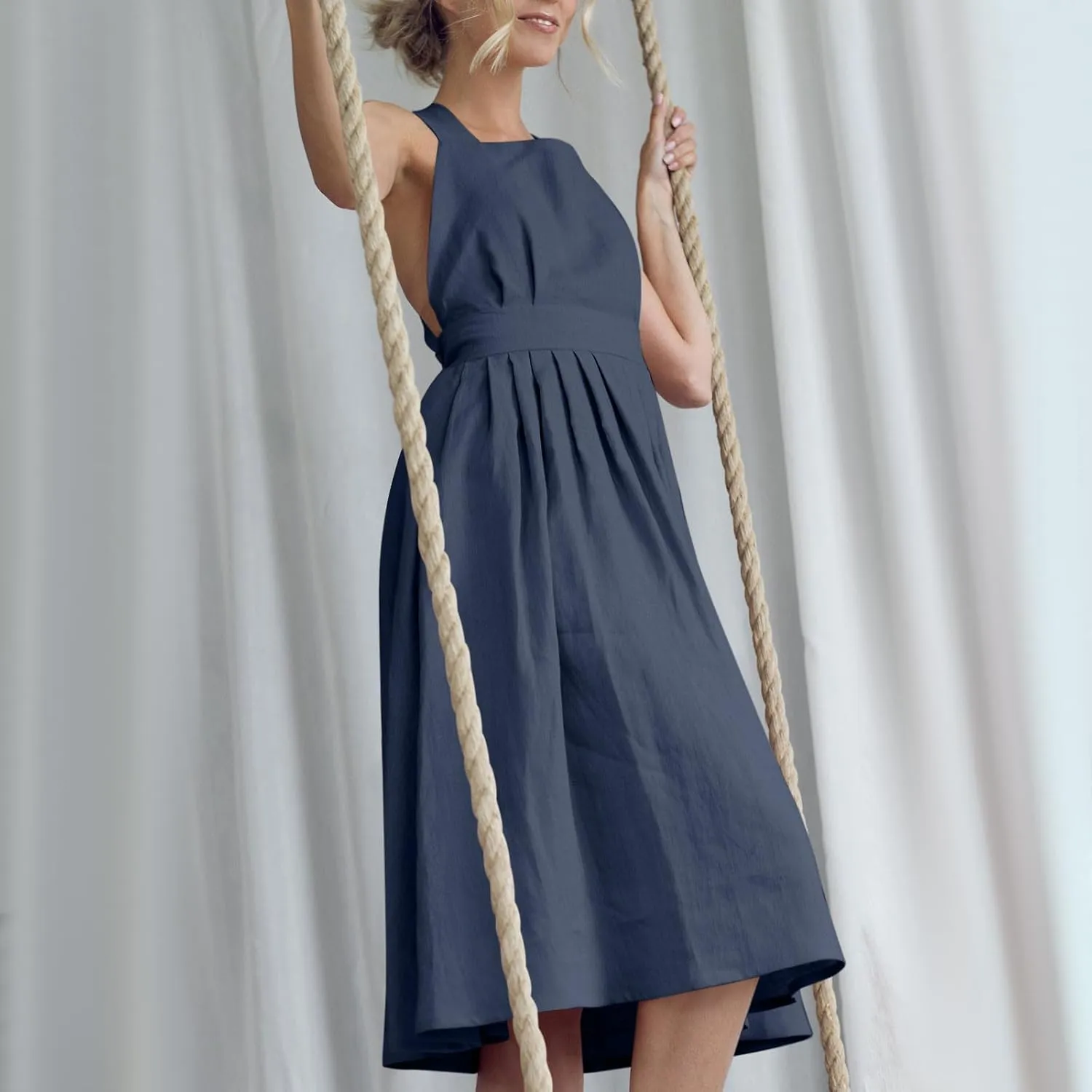 Women Sleeveless Midi Dress Square Neck Pleated Cinched Waist Solid Color Crisscross Backless Dress Wear to Dance