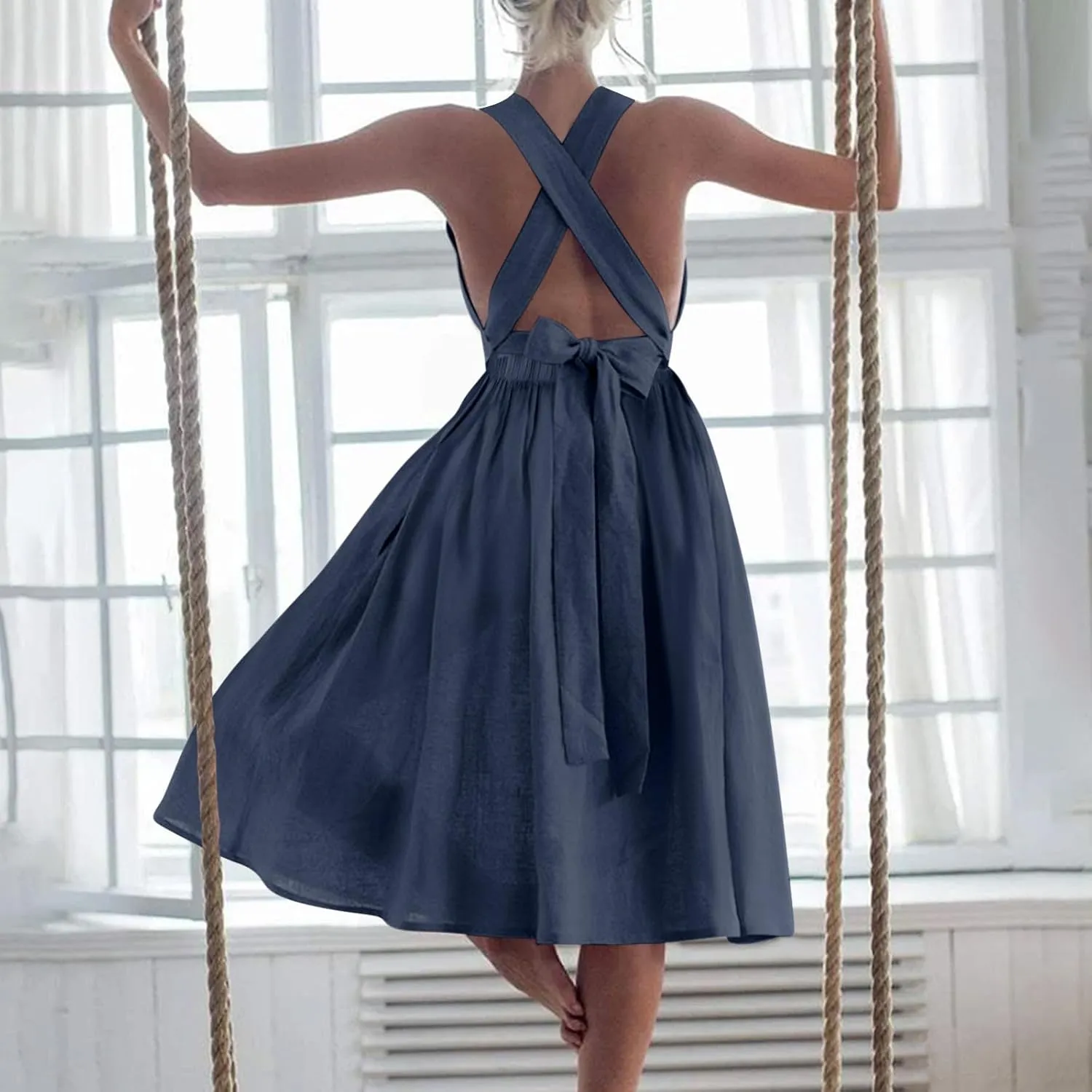 Women Sleeveless Midi Dress Square Neck Pleated Cinched Waist Solid Color Crisscross Backless Dress Wear to Dance