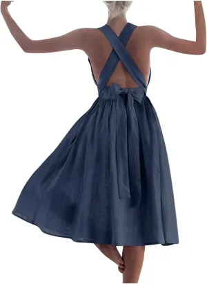 Women Sleeveless Midi Dress Square Neck Pleated Cinched Waist Solid Color Crisscross Backless Dress Wear to Dance