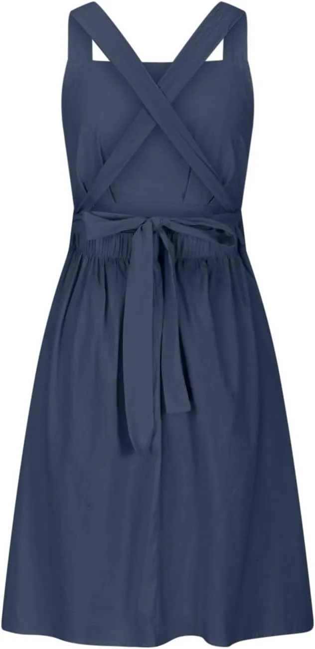 Women Sleeveless Midi Dress Square Neck Pleated Cinched Waist Solid Color Crisscross Backless Dress Wear to Dance