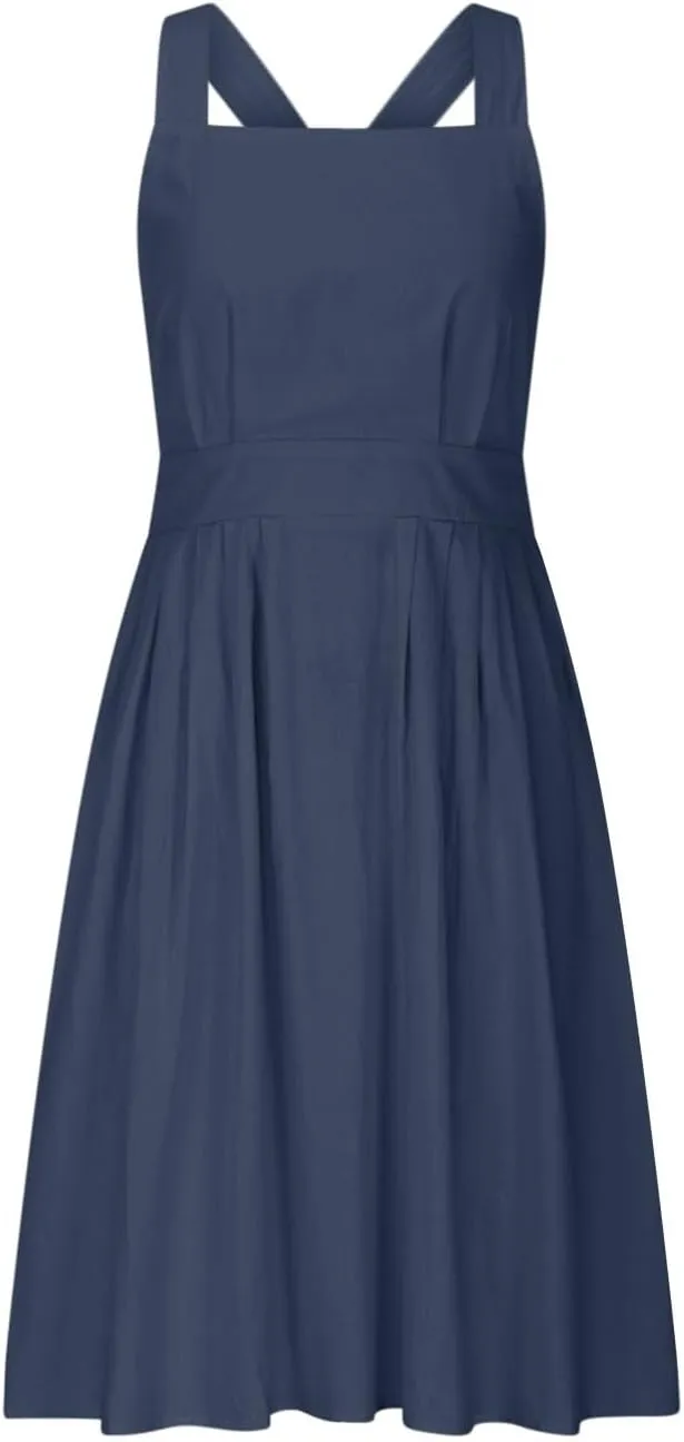 Women Sleeveless Midi Dress Square Neck Pleated Cinched Waist Solid Color Crisscross Backless Dress Wear to Dance