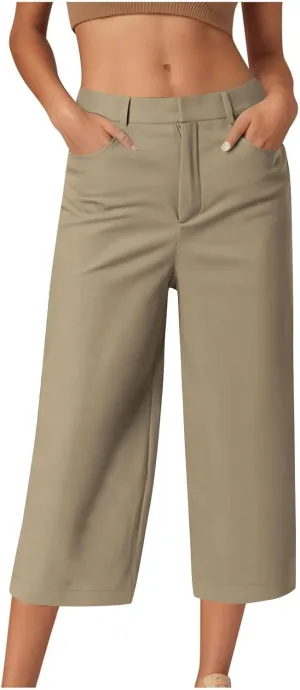 Women Wide Leg Capri Pants Business Casual Stretch Pant Comfy Loose Lounge Cropped Trouser Work Clothes