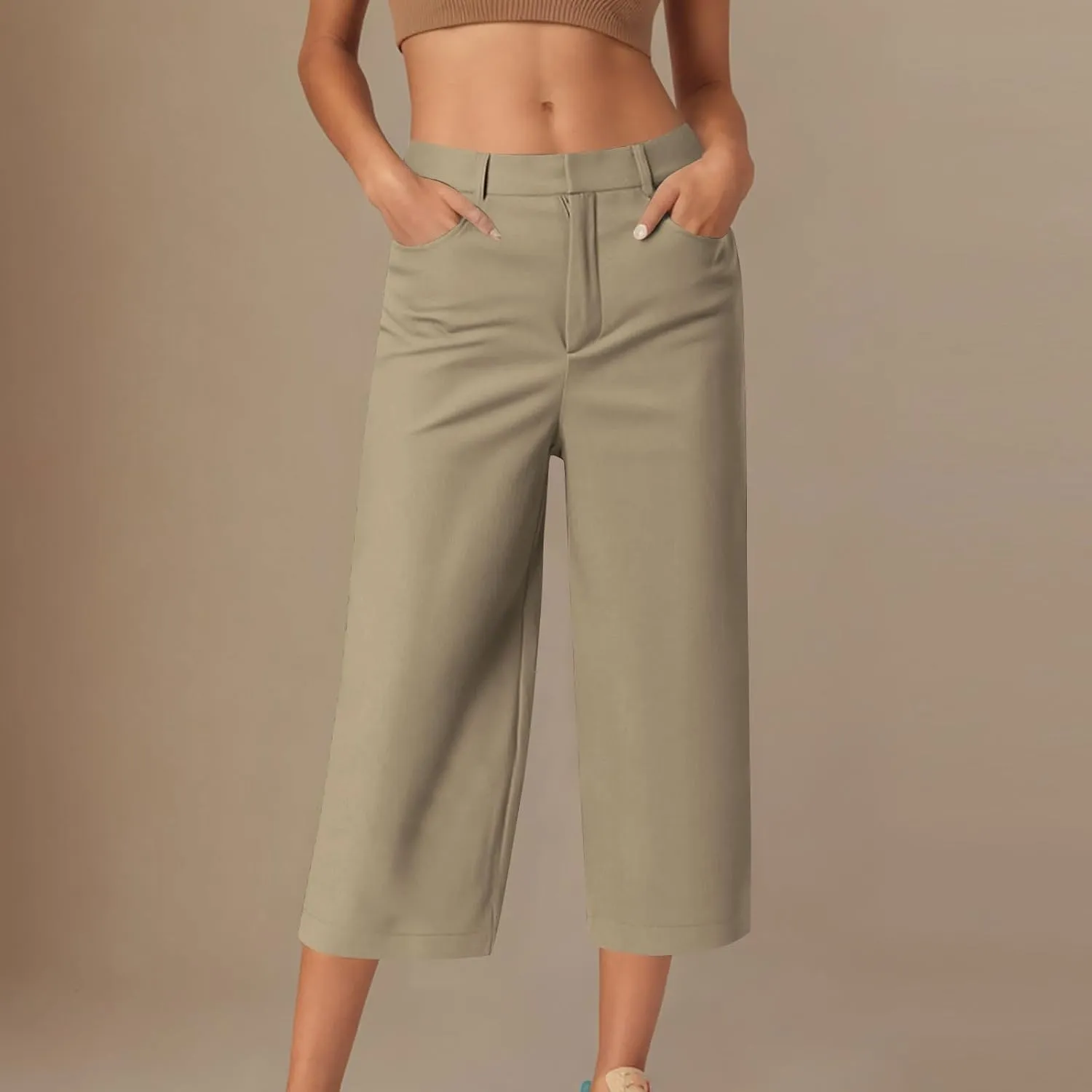 Women Wide Leg Capri Pants Business Casual Stretch Pant Comfy Loose Lounge Cropped Trouser Work Clothes