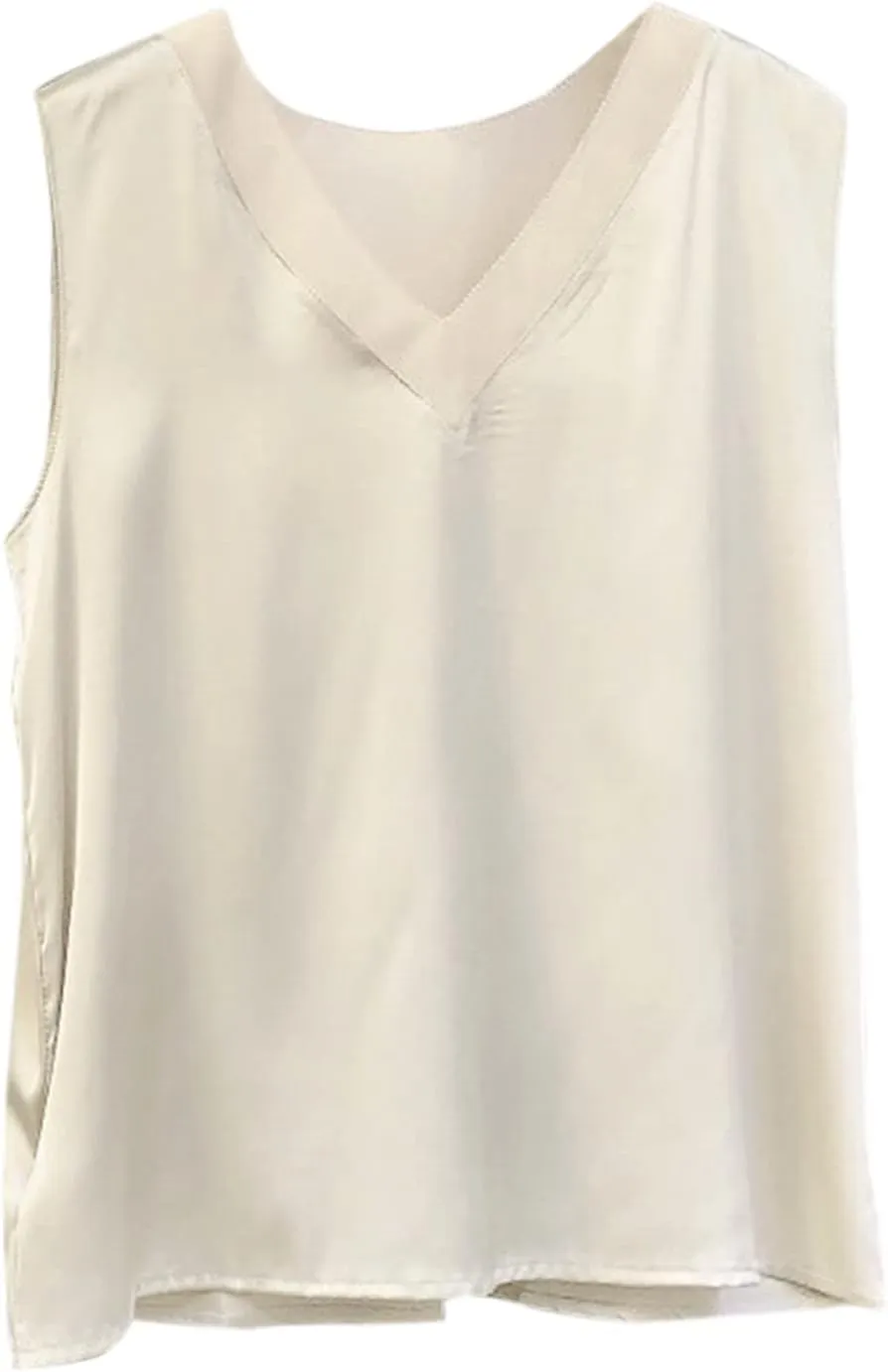 Women's Camisole Glossy Satin Sleeveless V Neck Lace Toggle Cut Sweatshirt Beaded Womens Top