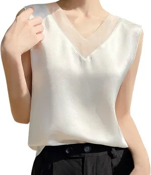 Women's Camisole Glossy Satin Sleeveless V Neck Lace Toggle Cut Sweatshirt Beaded Womens Top