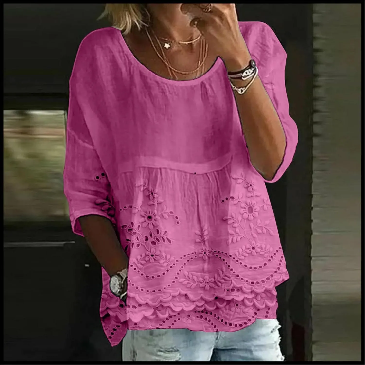 Womens Floral Embroidered Peasant Tops 3/4 Length Sleeve Casual Loose Fit Empire Waist Flowy Boho Babydoll Blouses